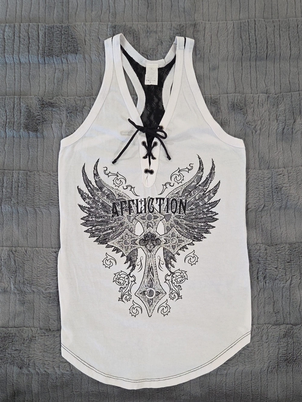 Affliction White Tank with Black Winged Cross Graphic